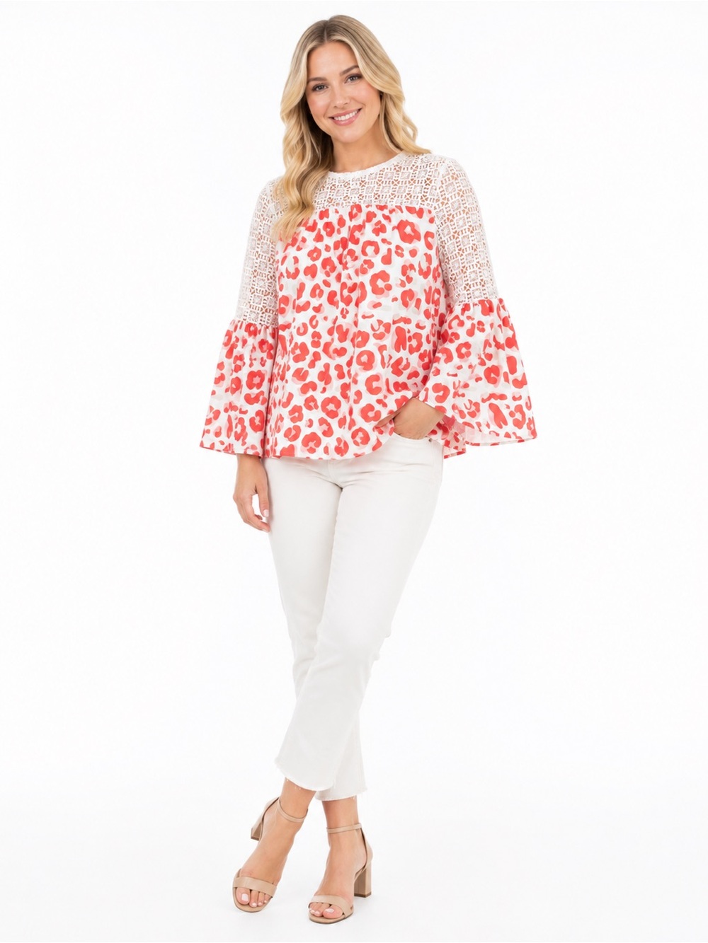Michelle McDowell Lace Leopard Print Bell Sleeve Medium Blouse Top